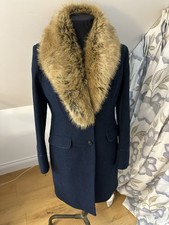 Joules Langley Tweed Navy Blue Wool Coat  UK12 Excellent Condition Fur Collar