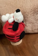 Handmade Crochet Peanuts Snoopy On Red Dog House With Wooden Display Stand
