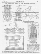 1908 4x Antique Engineering Prints - Overturned Caisson of Baltimore Lighthouse