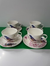 Waterside Fine China For 4 Teacup + Saucer Blue Bird/Pink Floral Design (G029)