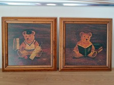 Antique Effect Aged Teddy Bear Pictures 12" Wall Hanging / Wood / Cricket