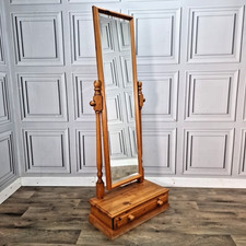 Retro Vintage Pine Cheval Mirror With Drawer – Full Length Dressing Bedroom Wood