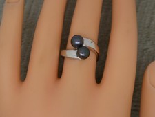Gorgeous 925 Sterling Silver Double Black Freshwater Button Pearl Ring UK Size P