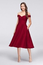 Davids Bridal Off-the-Shoulder Tea-Length Bridesmaid Dress Wine F19743 Size 14