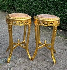 Side Tables Pair French Louis XVI Gold Gilt with Pink Marble Tops Vintage