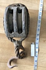 Vintage Large Heavy  duty Wooden solid  Double Block & Tackle set + Metal Hook