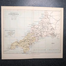 Original 1882 Bartholomew County Map Of Cornwall Philips Atlas