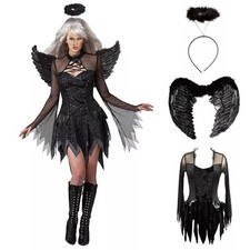 Halloween Black Fairy Outfit Ladies Adult Dark Fallen Angel Fancy Dress Costume