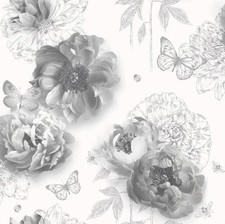 Arthouse Flower Garden Mono Wallpaper  Textured Vinyl Glitter Floral Butterfly
