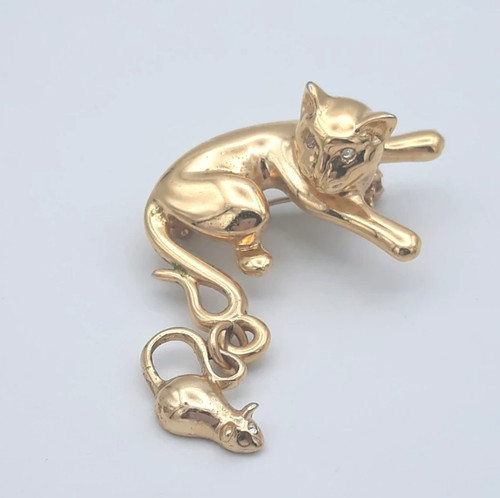 Vintage golden cat and dangle - golden,