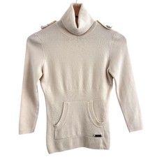 Karen Millen Jumper Size 2 UK 8-10 Wool Blend Roll Neck Cream Rib Knit Sweater