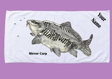 Mirror carp b&w drawing picture on tackle box hand towel personalised with name