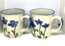 2 Vintage Stoneware Hand painted Mugs Blue Flower Tea Coffee 3 x 3"
