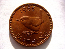 1955 Queen Elizabeth II WREN Farthing coin in Extremely Fine grade with lustre