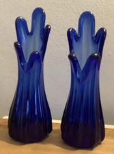 Vintage Cobalt Blue 5 Finger Glass Swung Stretch Vase Mid Century Modern x 2