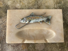 Beautiful antique fishing desk tray painted metal and marble c1930