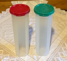Tupperware Set of 2 Tall Space Savers Spaghetti Containers #1661 Red & Green Lid