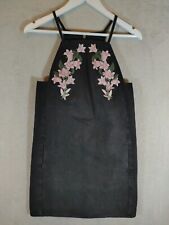 Topshop Moto Dress Womens S 8 Black Denim Embroidered Flowers Pinafore/Dungaree