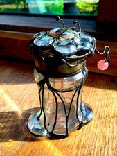 Small glass lidded storage jar bronze beads hand decorated Unique Curio Gift