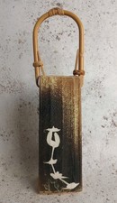 Vtg Vase Ikebana Textured Brutalist Studio Pottery Bamboo Handle Signed 15.5x6cm