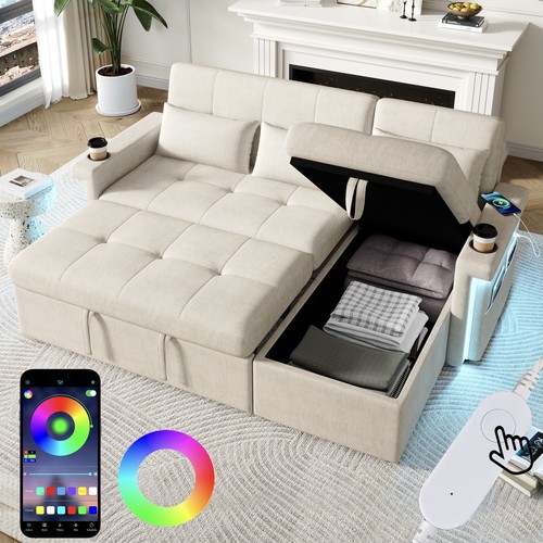 Beige shaped corner sofa bed - sofa,