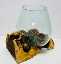 Glass Molten Bowl On Wood Root