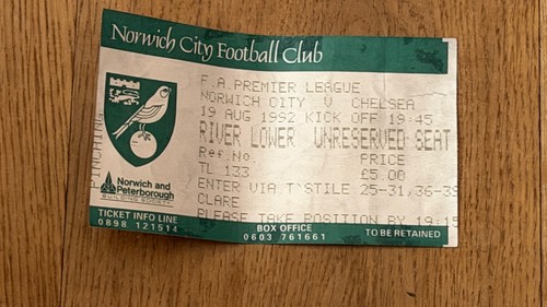 Ticket 1992 norwich city v - 1992/93,