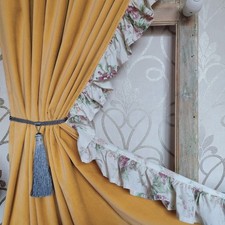 Yellow Velvet Frilled Door Curtain. Unique. Floral Lined. 148cmW x 219cmL
