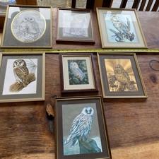 7 Vintage Owl Pictures / Prints Glazed & Framed