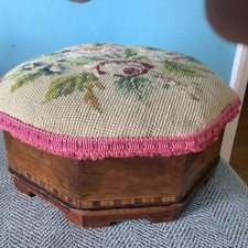 Victorian Octagonal Needlepoint Footstool Tunbridgeware Banding