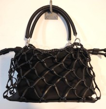 Topshop Black Faux Leather Macrame Bag Textile Lining Grab Hand Shoulder Bag