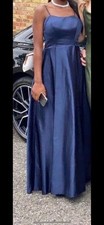 Navy A-line Floor-Length Satin Prom Dress