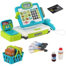 Kids Electronic Cash Register Toy Lights & Sounds Supermarket Till & Play Food