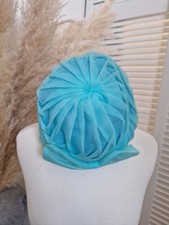 Vintage Gathered Nylon Pillbox Ladies Hat With Bow Detail In Turquoise, Size M