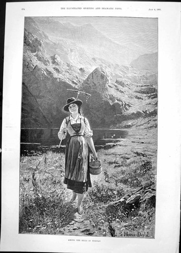 Old antique print among hills - print,