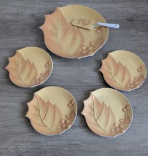 Vintage Pretty S G T 24CT Gold Plated Leaf & Berries  6 Piece Cake & Plate Set