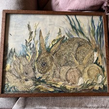 Vintage Framed Painting /Drawing of Rabbits In A Field. Not Signed by Artist