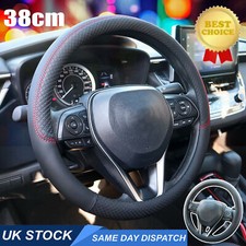 15'' PU Leather Anti-slip Car Steering Wheel Cover Protector Red Fabric Braid UK