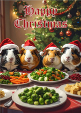 GUINEA PIGS CHRISTMAS CARD WITH GUINEA PIGS WEARING XMAS HATS WITH XMAS DINNER