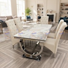 1.8m Arriana Marble Dining Table and 6 Seater Slim Velvet Chair Full Cream Set