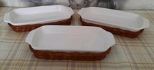 3x  White Porcelain Finesse Rectangle Oven To Table Dishes With Wicker Baskets