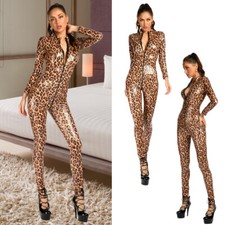 Women's Sexy Bodysuit Leopard Print Zipper Long Sleeve Catsuit Leotard Jumpsuit