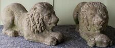 Pair of Reconstituted Stone Recumbent Lions (Vintage, Garden, Architectural)
