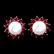 Silver Earrings Ruby Pearl