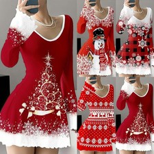 Womens Christmas Long Sleeve Bodycon Dress Ladies Xmas Party Mini Fancy Dresses