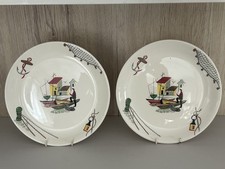 Pair of Vintage Alfred Meakin BRIXHAM Retro Fishing Design 9" Breakfast Plates