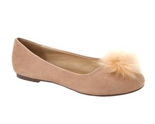 WOMENS NUDE FAUX SUEDE POM POM