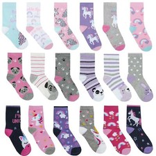 6 Pk Girls Novelty Pug Panda Stripes Hearts Unicorn Glitter Cotton Socks  6-3
