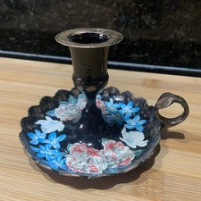 Vintage Decoupage Metal Candle Holder Chamberstick Wee Willie Winkie Finger Loop