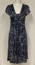 Jigsaw Navy Khaki Patterned Short Sleeve Stretchy Fully Lined Summer Dress UK XS